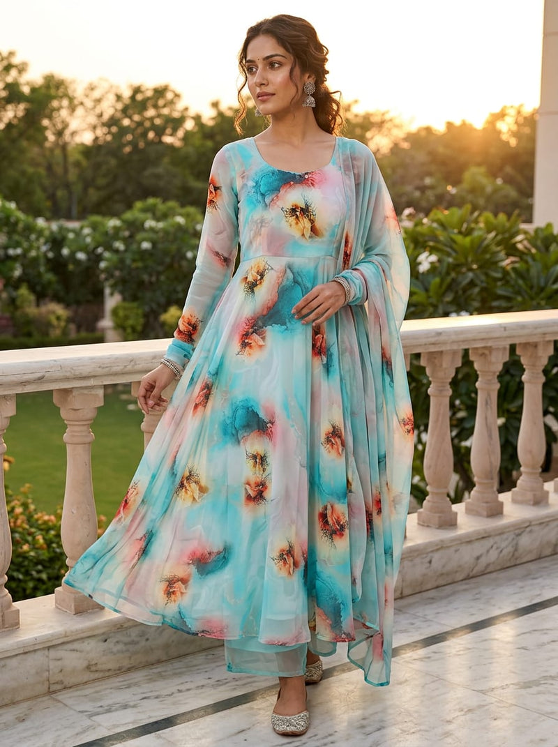 Multicolor Abstract Watercolour Floral Pure Georgette Digital Printed Fabric