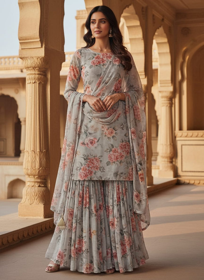 Peach Floral Pure Georgette Printed Fabric