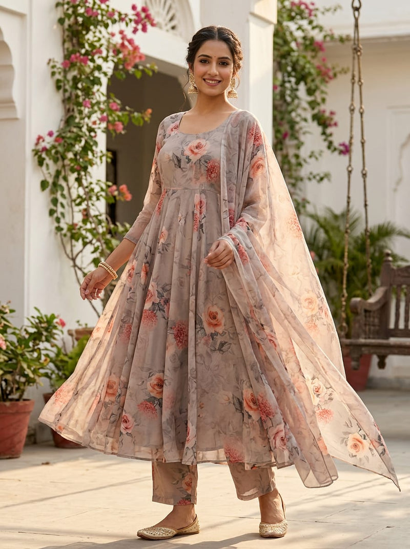 Grey Vintage Rose Floral Pure Georgette Digital Printed Fabric