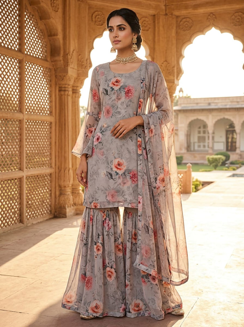 Grey Vintage Rose Floral Pure Georgette Digital Printed Fabric