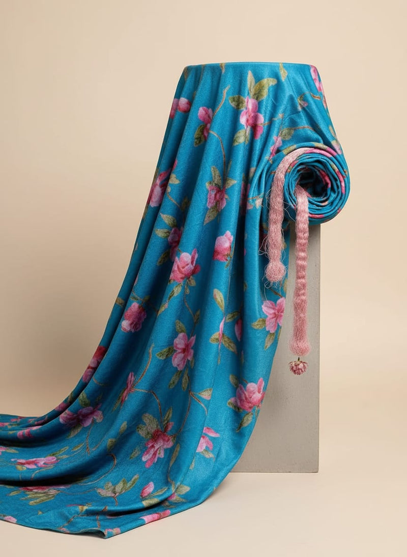 Blue Flower Velvet Printed Fabric