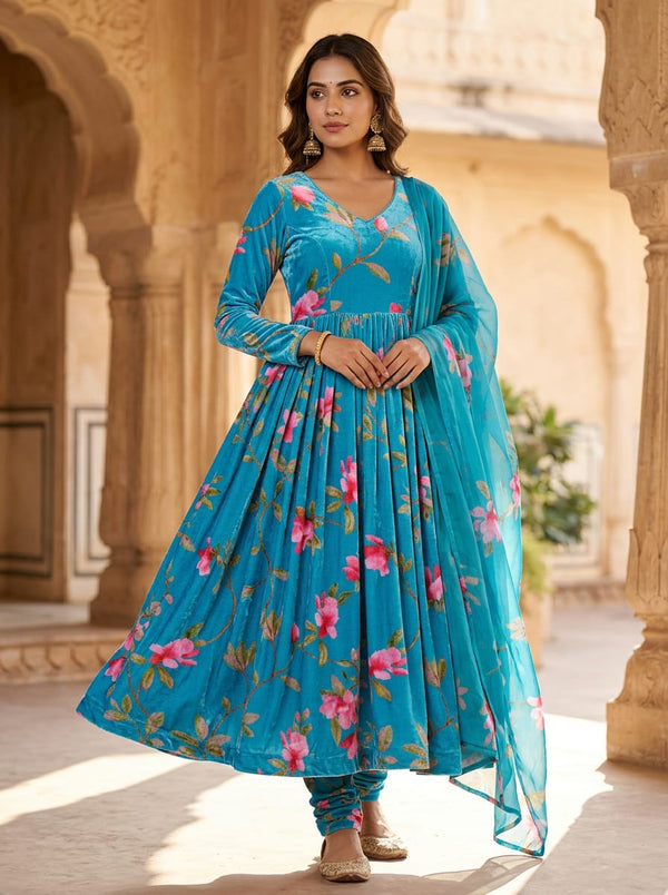 Blue Flower Velvet Printed Fabric - Anarkali Kurta Set Lookbook - VEL-45-CO9391-111 - alternate view