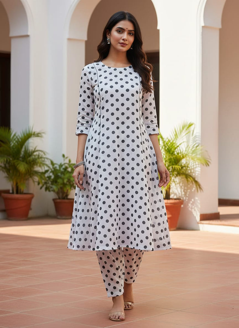 White Polka Dot Poly Muslin Printed Fabric