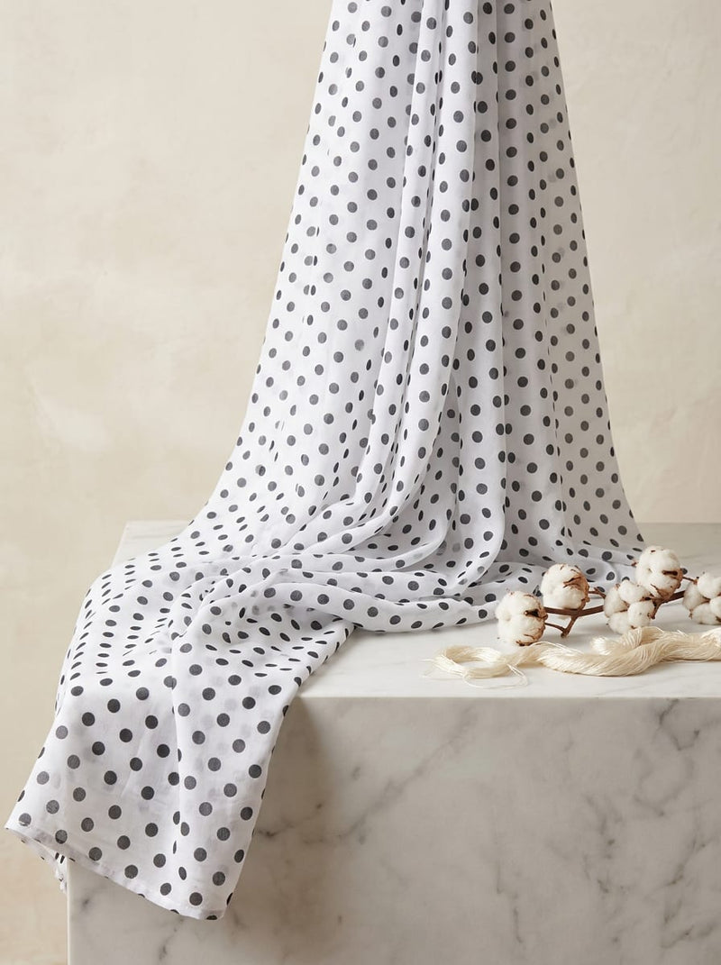 White Classic Black Polka Dot Muslin Digital Printed Fabric