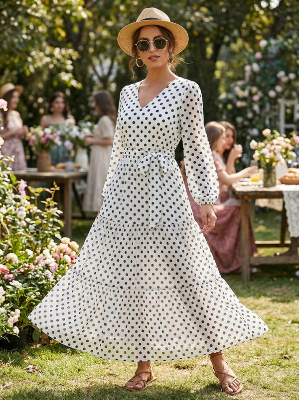 White Classic Black Polka Dot Muslin Digital Printed Fabric - Flowy Maxi Dress Lookbook - MU-2-7582-110 - alternate view