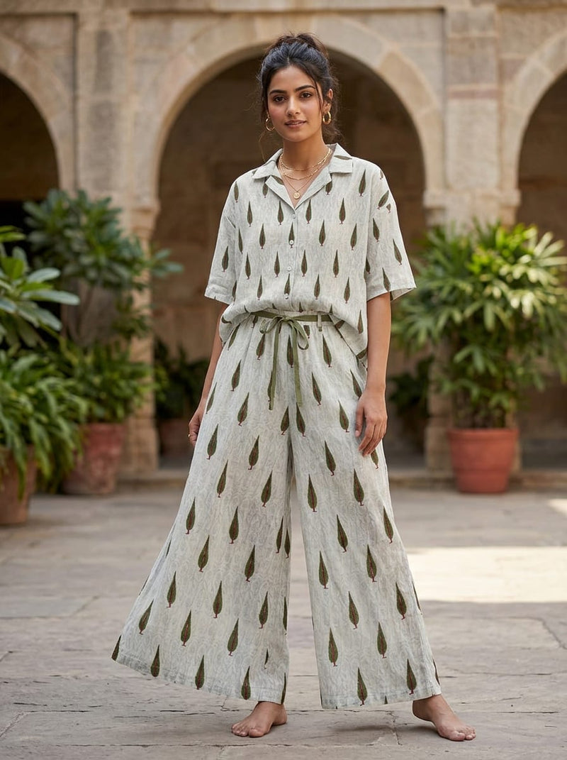 Grey Ethnic Green Leaf Buti Pure Cotton Digital Printed Fabric