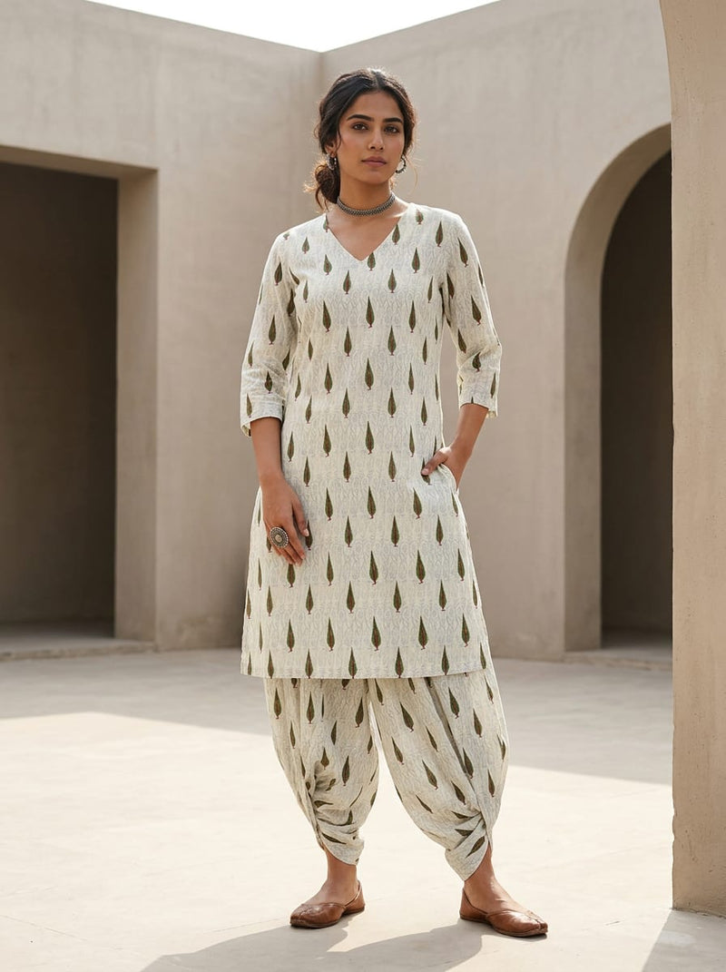 Grey Ethnic Green Leaf Buti Pure Cotton Digital Printed Fabric