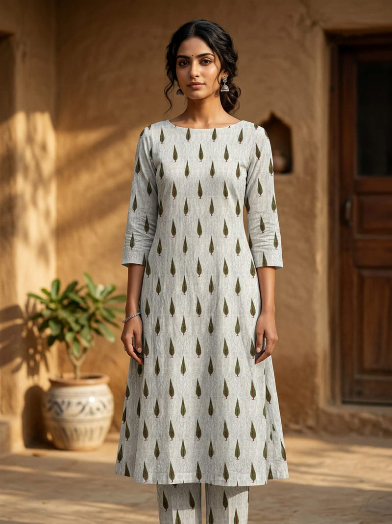 Grey Ethnic Green Leaf Buti Pure Cotton Digital Printed Fabric