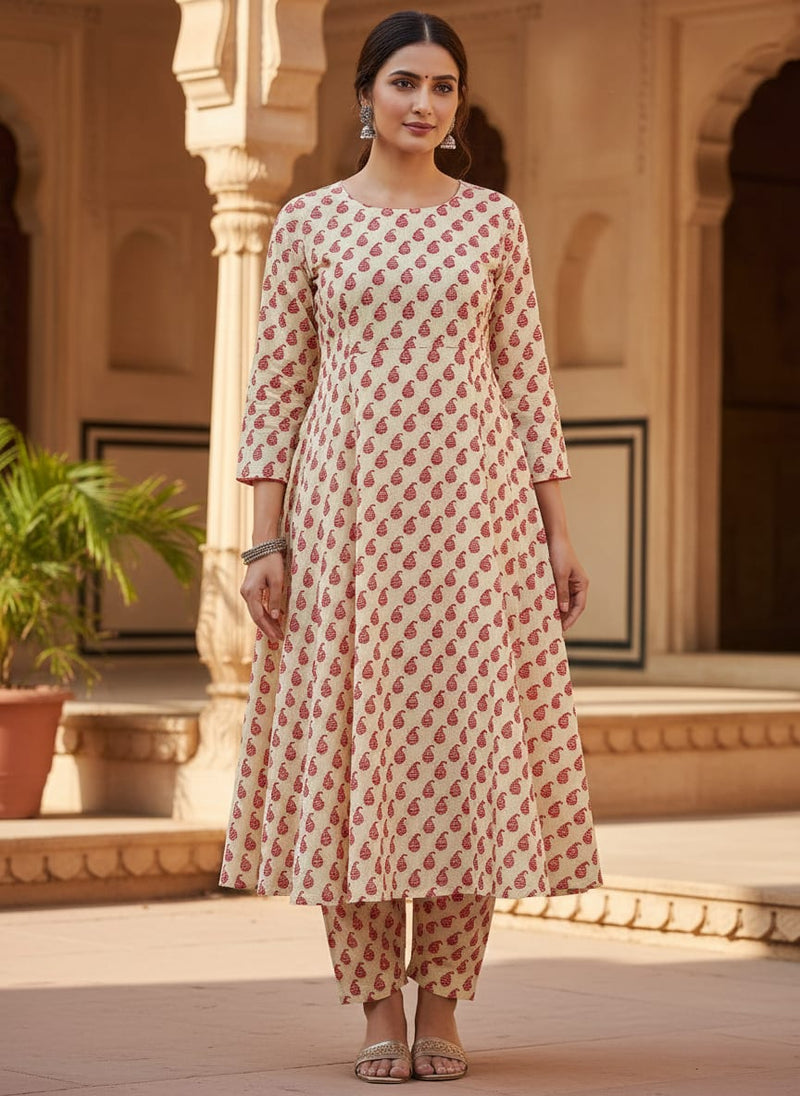 Cream Autumnal Pure Cotton Printed Fabric Material