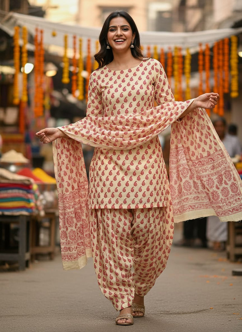 Cream Autumnal Pure Cotton Printed Fabric Material