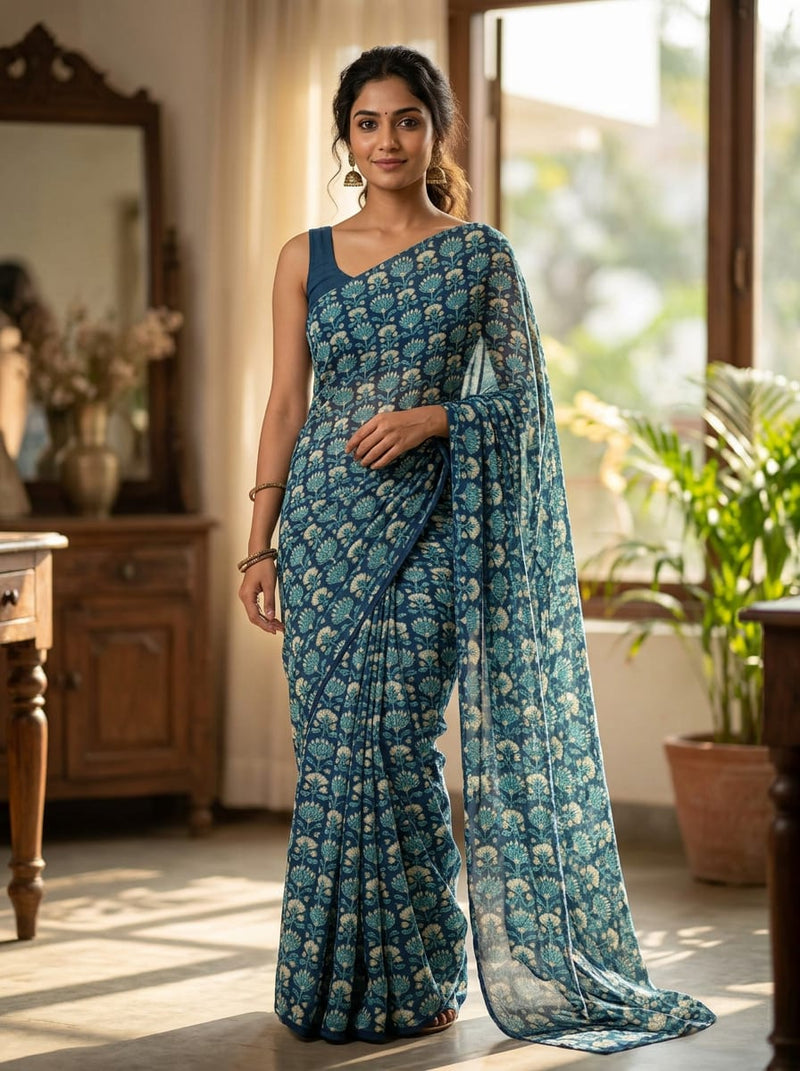 Navy Ethnic Jaal Floral Pattern Pure Georgette Digital Printed Fabric