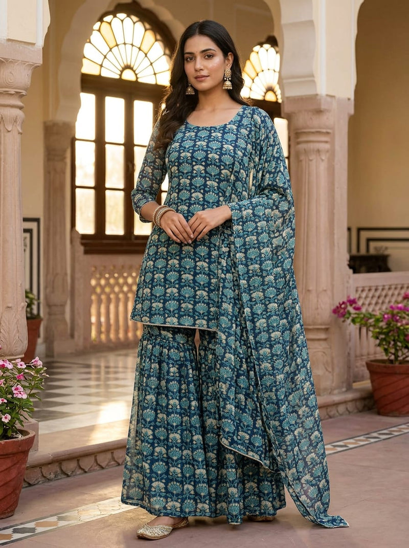 Navy Ethnic Jaal Floral Pattern Pure Georgette Digital Printed Fabric