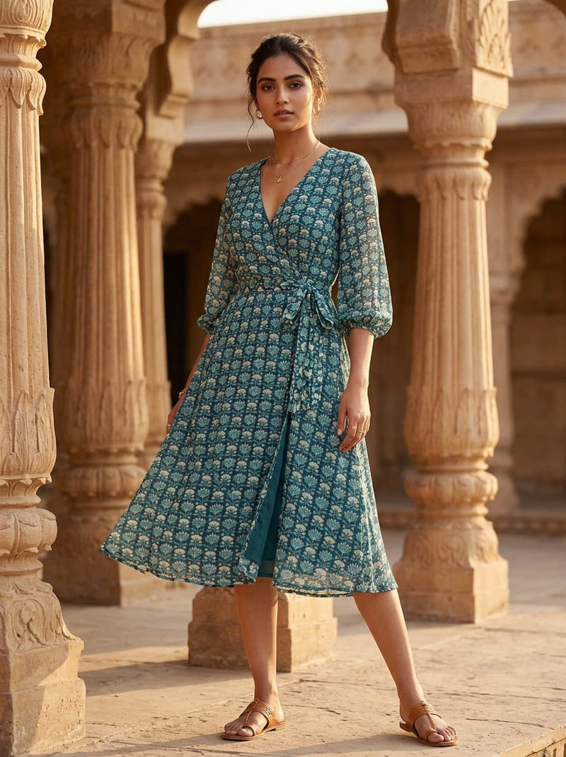 Navy Ethnic Jaal Floral Pattern Pure Georgette Digital Printed Fabric
