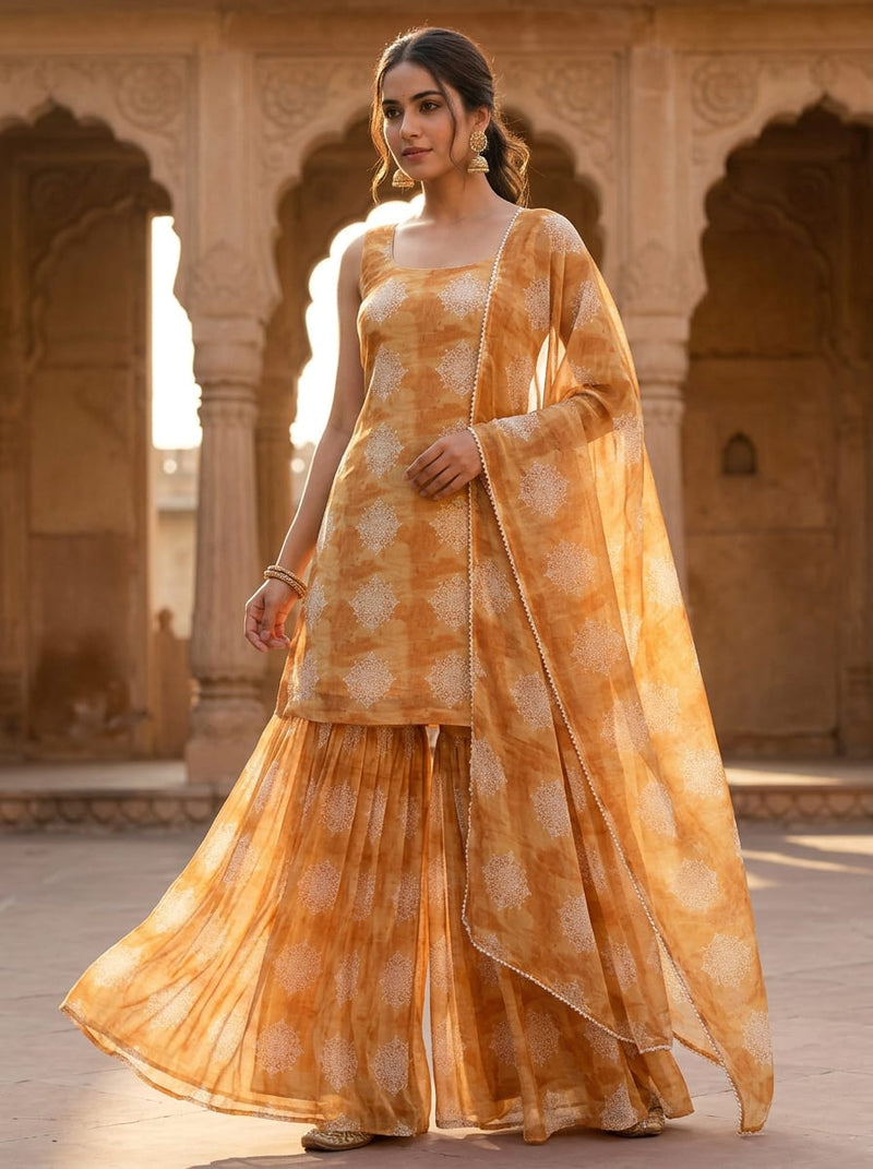 Orange Ethnic Medallion Pure Georgette Digital Printed Fabric