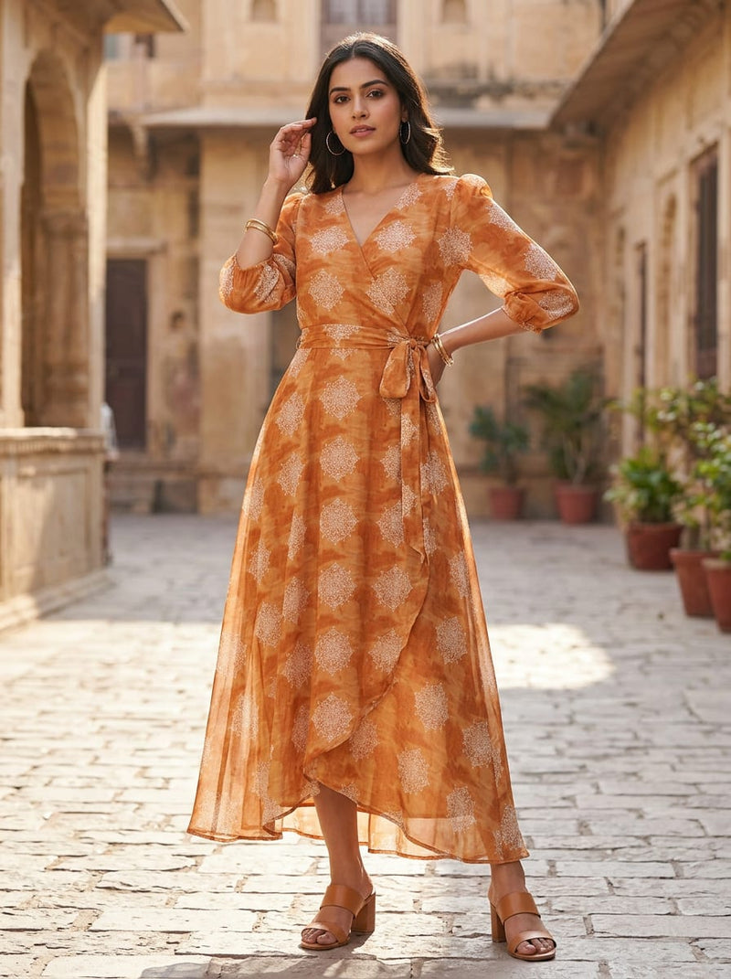 Orange Ethnic Medallion Pure Georgette Digital Printed Fabric