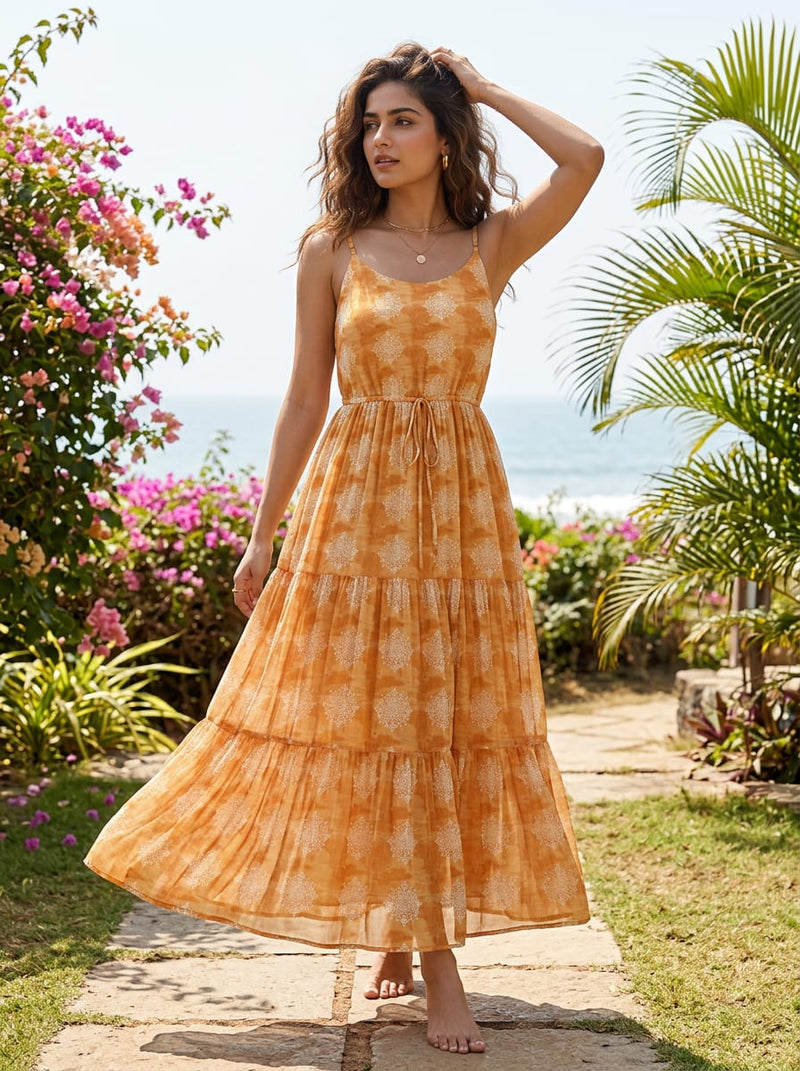 Orange Ethnic Medallion Pure Georgette Digital Printed Fabric