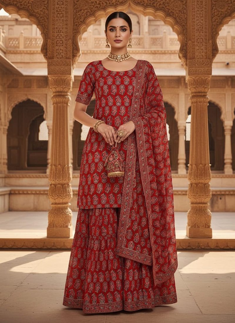 Red Ethnic Paisley Buti Print Pure Georgette Digital Printed Fabric