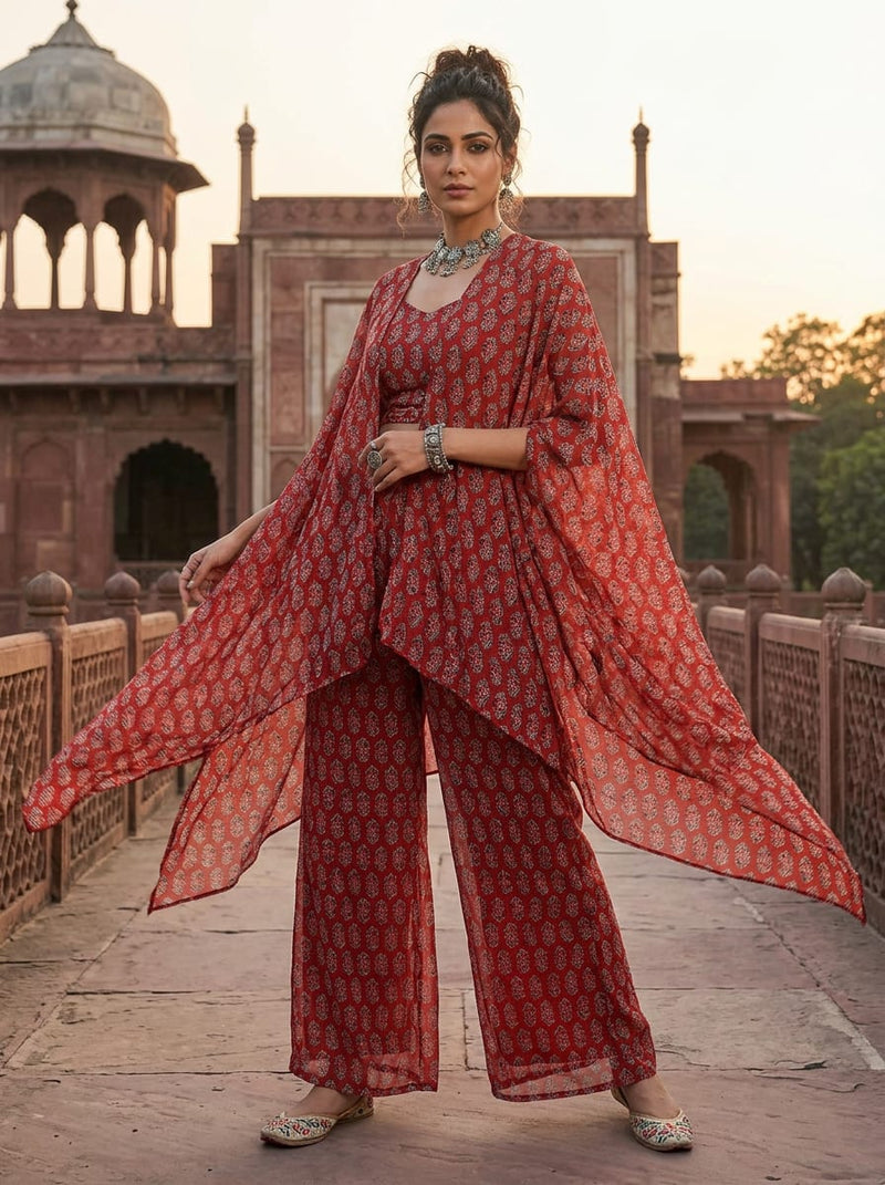 Red Ethnic Paisley Buti Print Pure Georgette Digital Printed Fabric