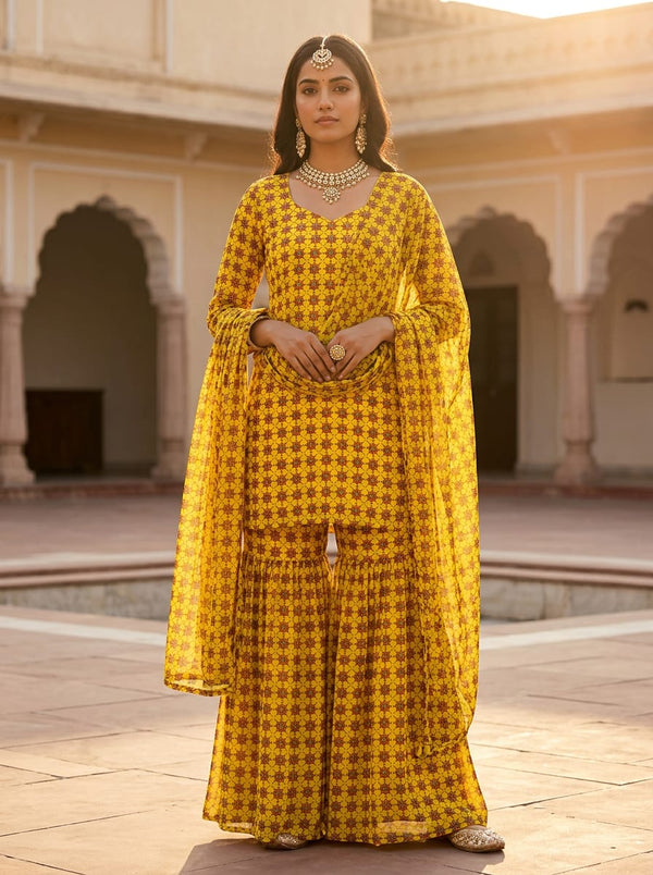 Yellow Small Ethnic Geometric Motif Pure Georgette Digital Printed Fabric - Gharara Set Lookbook - PG-0-MA04186-110 - alternate view