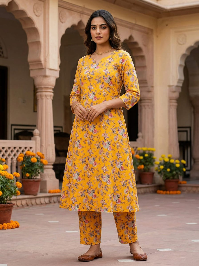 Yellow Classic Peony Floral Print Pure Cotton Digital Printed Fabric