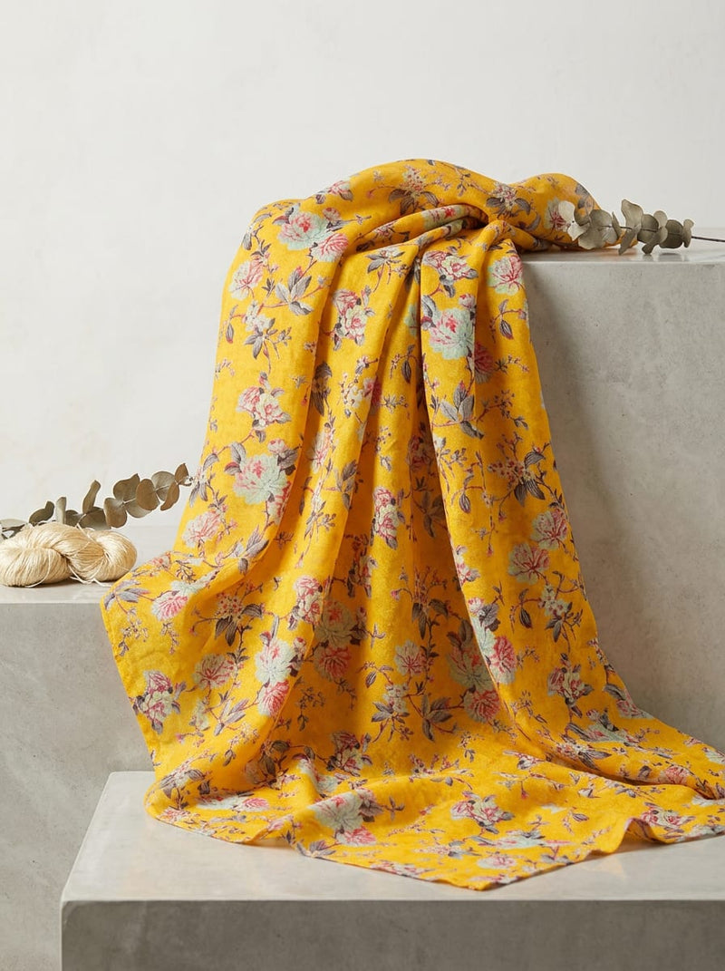 Yellow Classic Peony Floral Print Pure Cotton Digital Printed Fabric