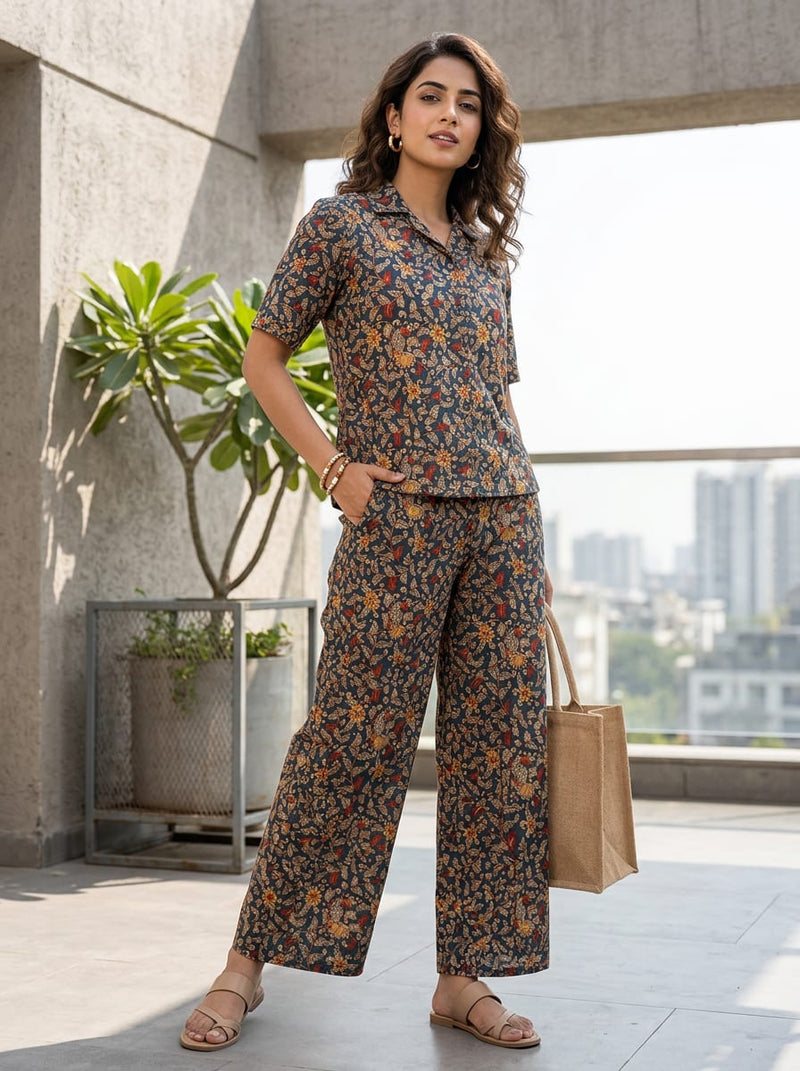 Black Ethnic Kalamkari Bird and Floral Pure Cotton Digital Printed Fabric