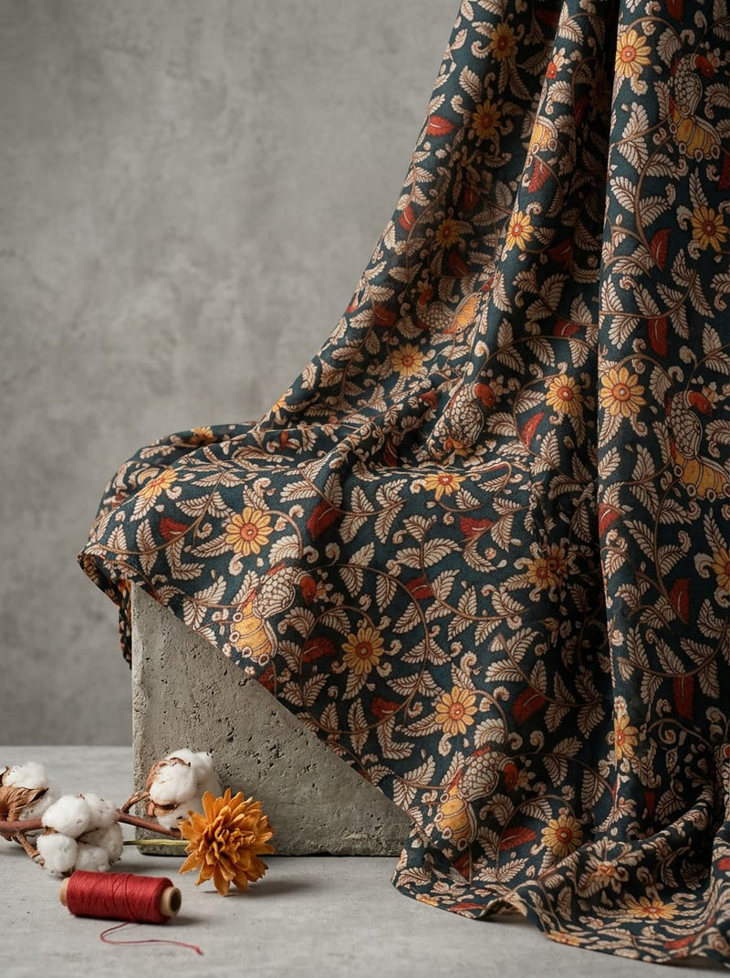 Black Ethnic Kalamkari Bird and Floral Pure Cotton Digital Printed Fabric