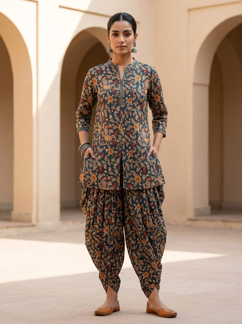 Black Ethnic Kalamkari Bird and Floral Pure Cotton Digital Printed Fabric
