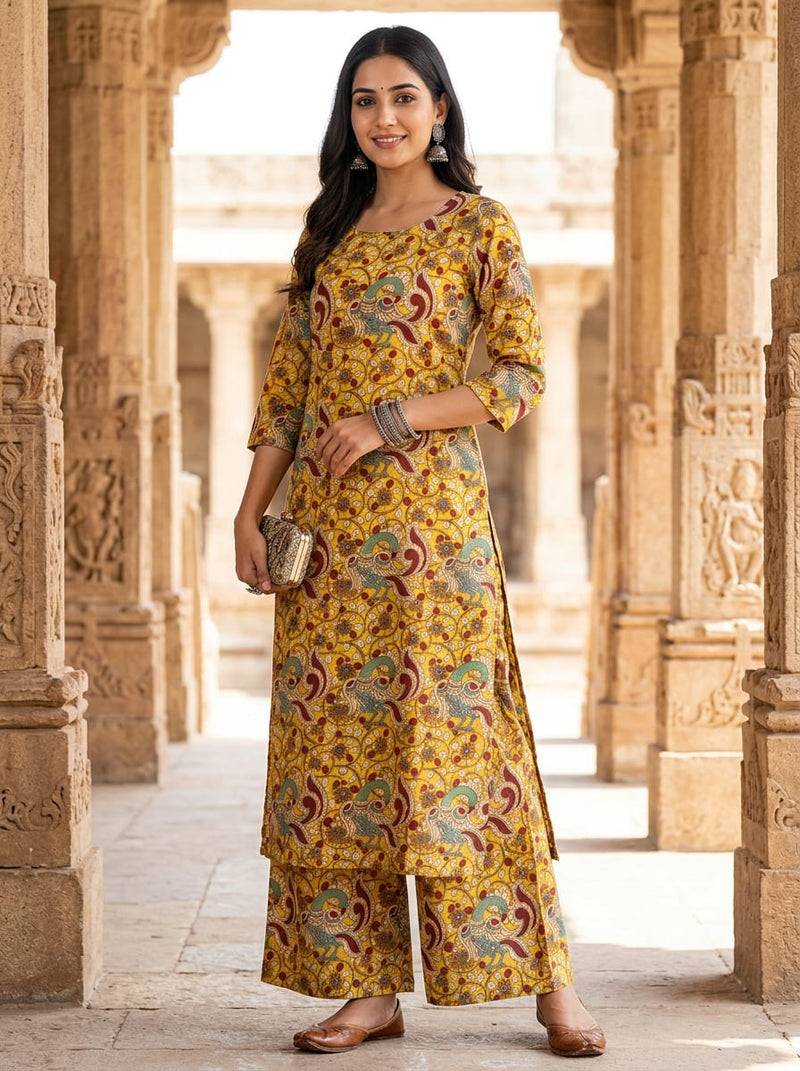 Yellow Ethnic Peacock and Floral Pure Cotton Digital Printed Fabric
