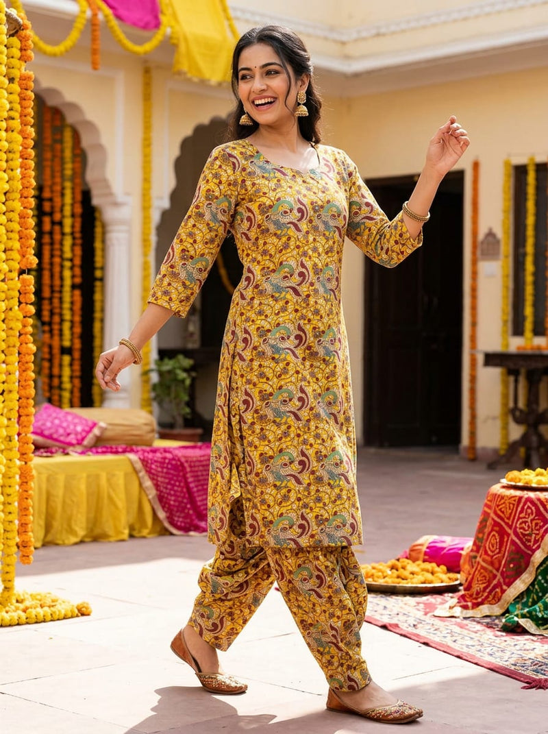 Yellow Ethnic Peacock and Floral Pure Cotton Digital Printed Fabric