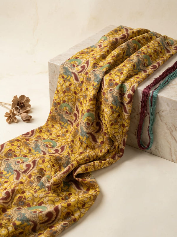 Yellow Ethnic Peacock and Floral Pure Cotton Digital Printed Fabric