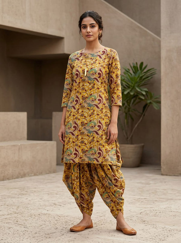 Yellow Ethnic Peacock and Floral Pure Cotton Digital Printed Fabric - Dhoti Pants with Kurta Lookbook - PCO-0-MA06637-108 - alternate view