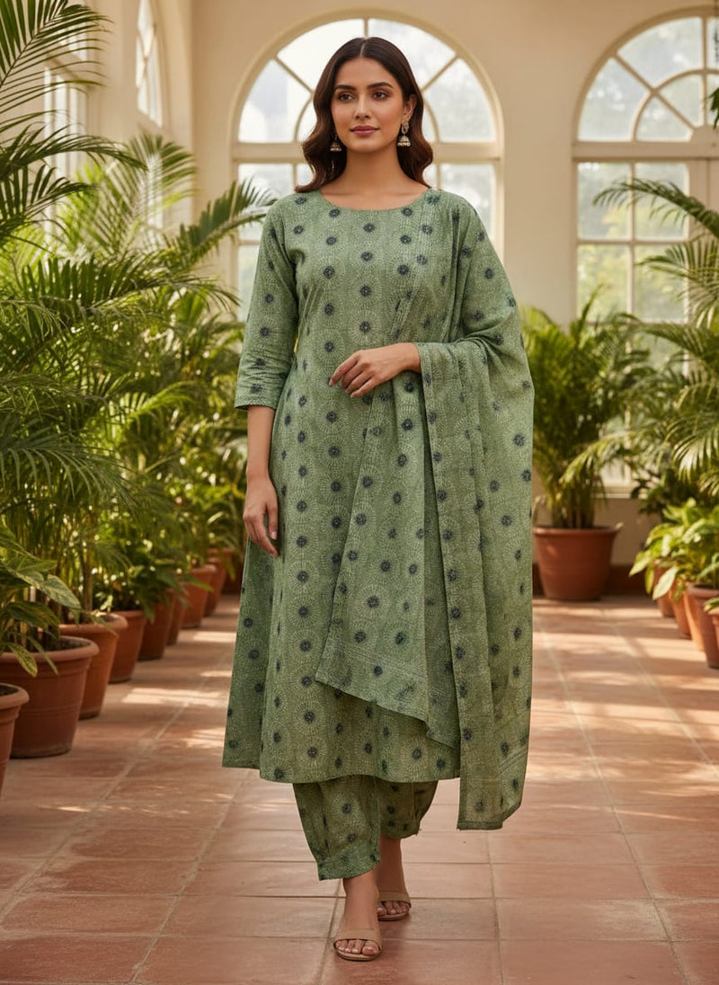 Green Abstract Pure Cotton Printed Fabric Material