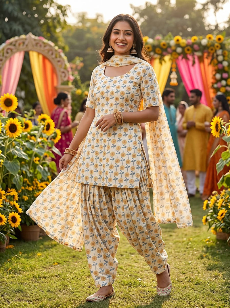 Multicolor Stylized Sunflower Grid Pure Cotton Digital Printed Fabric