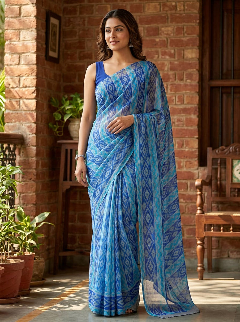 Blue Ethnic Ikat Style Geometric Pure Georgette Digital Printed Fabric