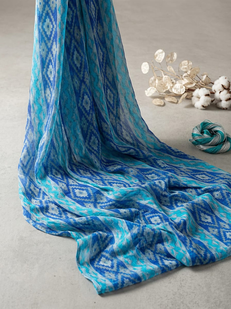 Blue Ethnic Ikat Style Geometric Pure Georgette Digital Printed Fabric