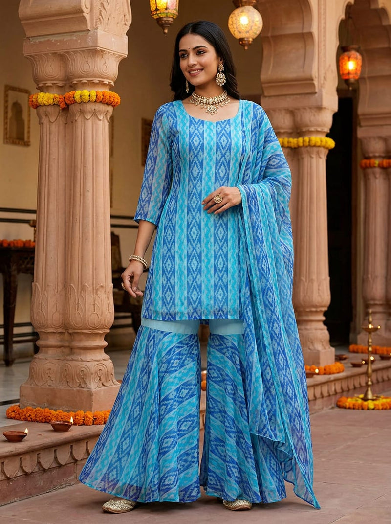 Blue Ethnic Ikat Style Geometric Pure Georgette Digital Printed Fabric