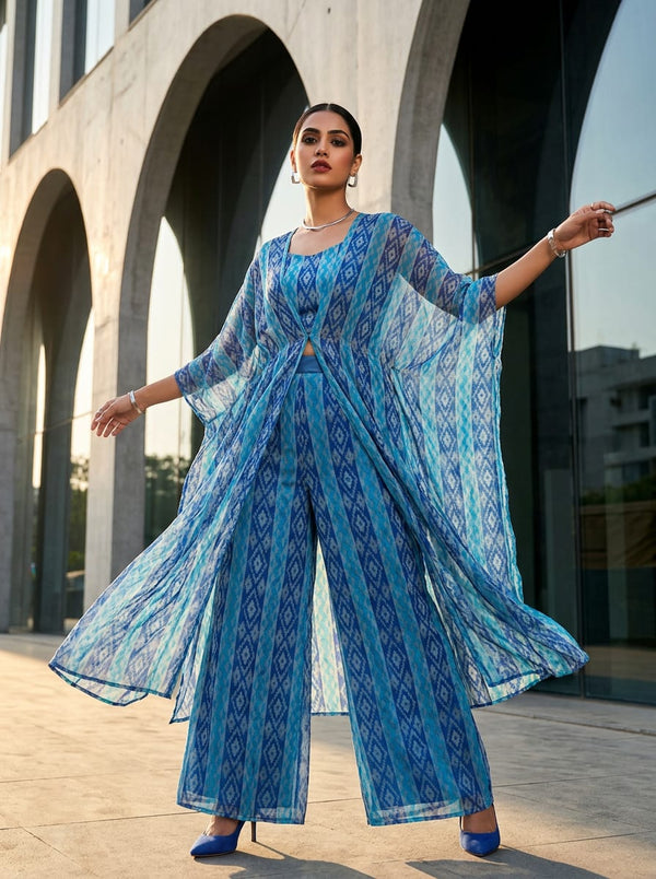 Blue Ethnic Ikat Style Geometric Pure Georgette Digital Printed Fabric - Cape with Palazzo Lookbook - PG-0-MA08485P1-110 - alternate view