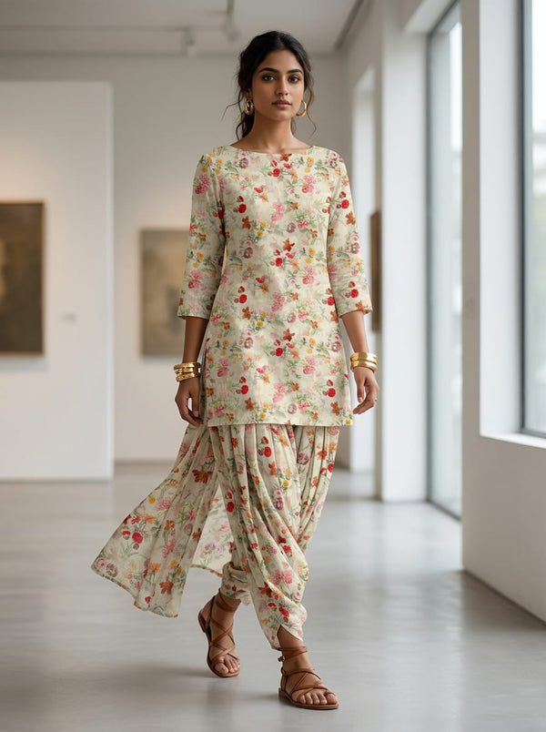 Multicolor Small Scale Watercolor Floral Pure Cotton Digital Printed Fabric - Dhoti Pants with Kurta Lookbook - PCO-0-MA08540-108 - alternate view