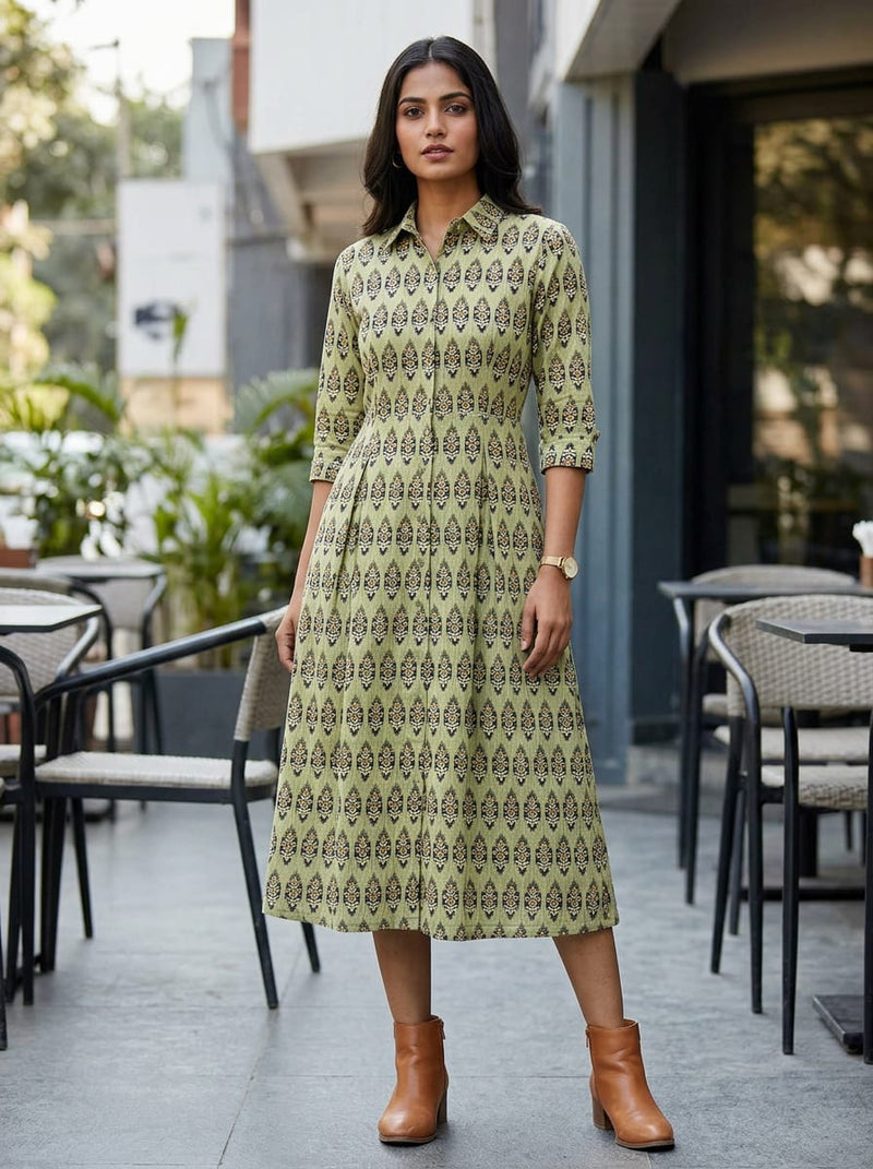 Olive Ethnic Botanical Buti Print Pure Cotton Digital Printed Fabric