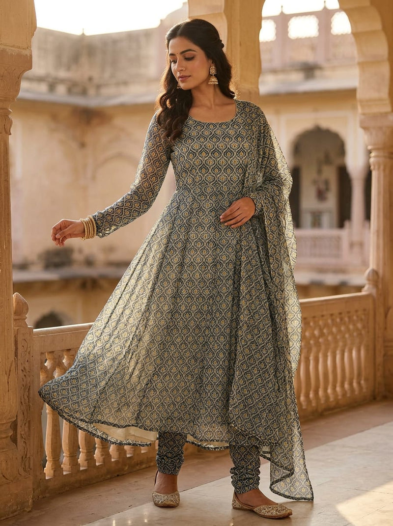Teal Ethnic Paisley Damask Pattern Pure Georgette Digital Printed Fabric