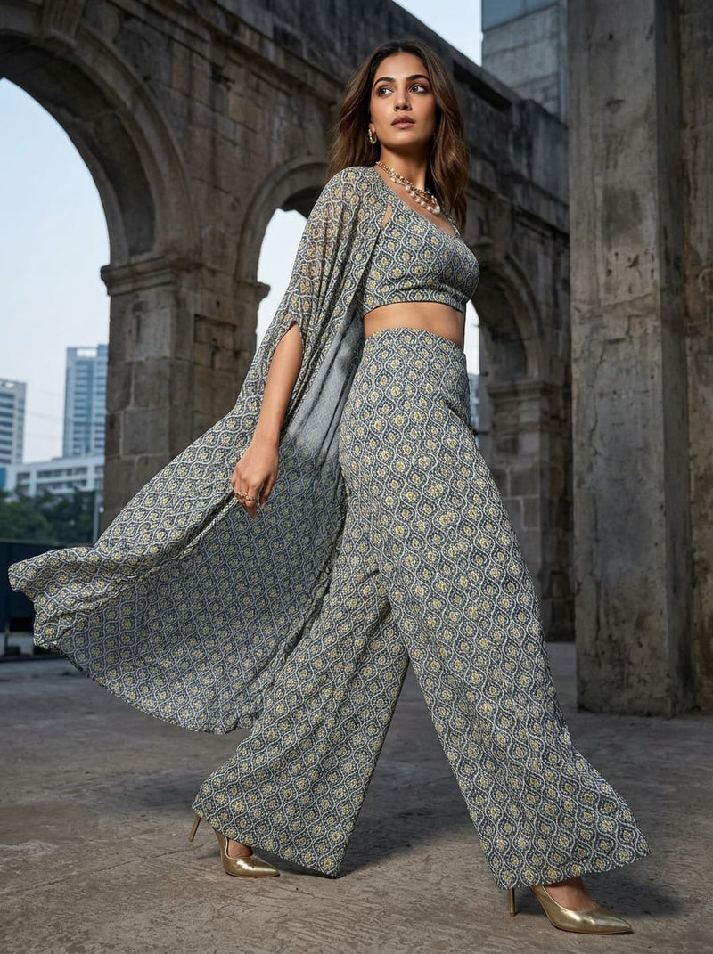 Teal Ethnic Paisley Damask Pattern Pure Georgette Digital Printed Fabric