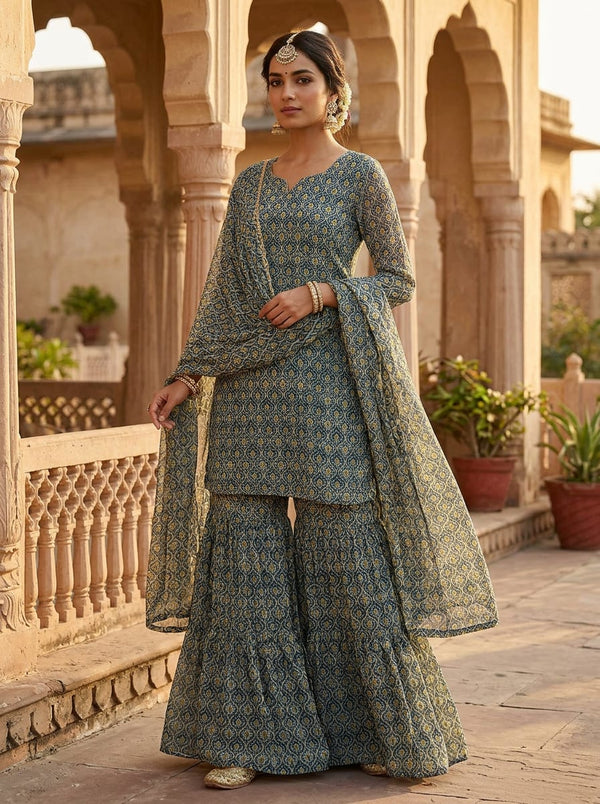 Teal Ethnic Paisley Damask Pattern Pure Georgette Digital Printed Fabric - Gharara Set Lookbook - PG-0-MA013641-110 - alternate view