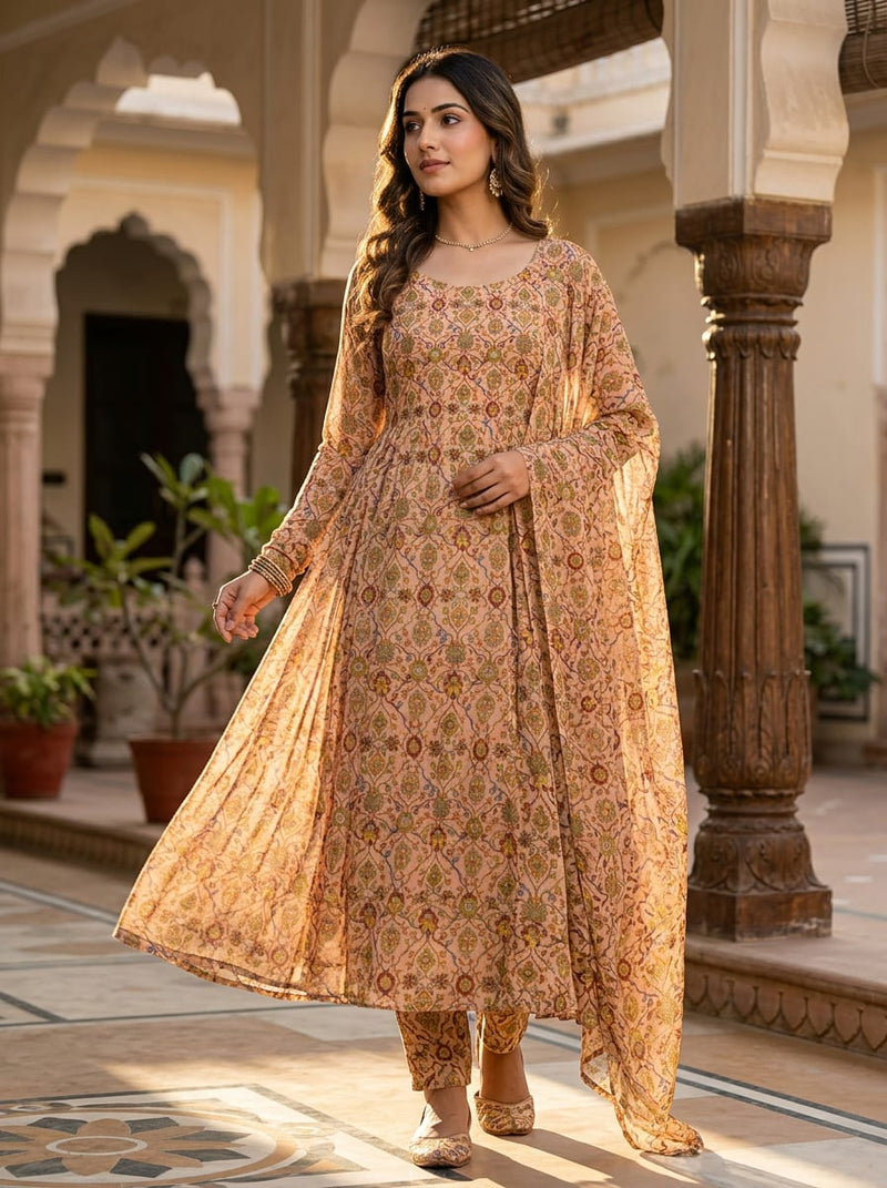 Peach Ethnic Floral Jaal Pattern Pure Georgette Digital Printed Fabric