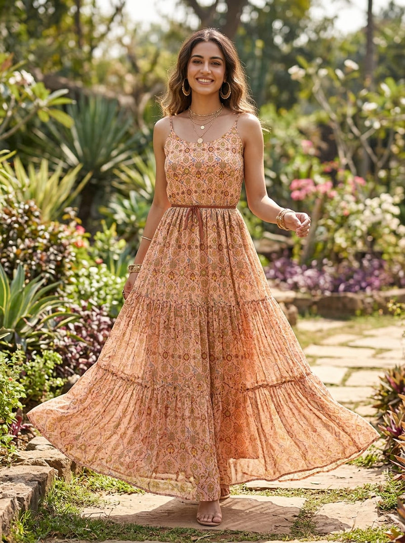 Peach Ethnic Floral Jaal Pattern Pure Georgette Digital Printed Fabric