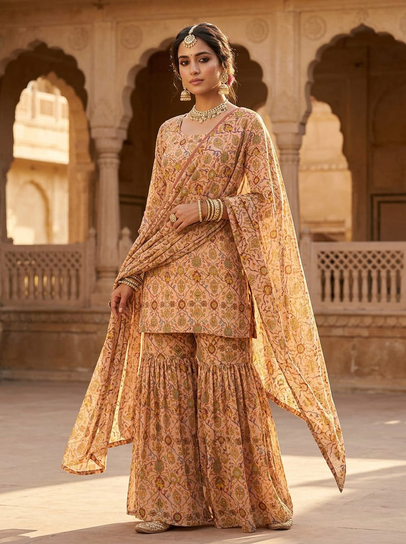 Peach Ethnic Floral Jaal Pattern Pure Georgette Digital Printed Fabric
