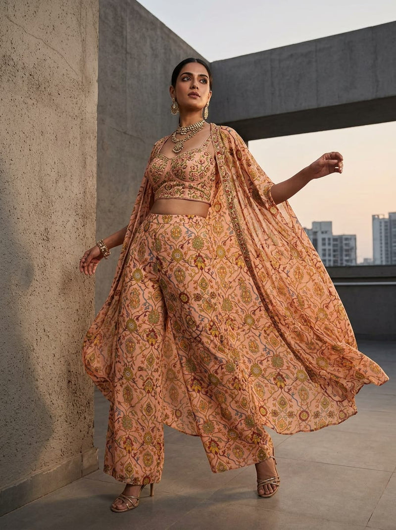 Peach Ethnic Floral Jaal Pattern Pure Georgette Digital Printed Fabric