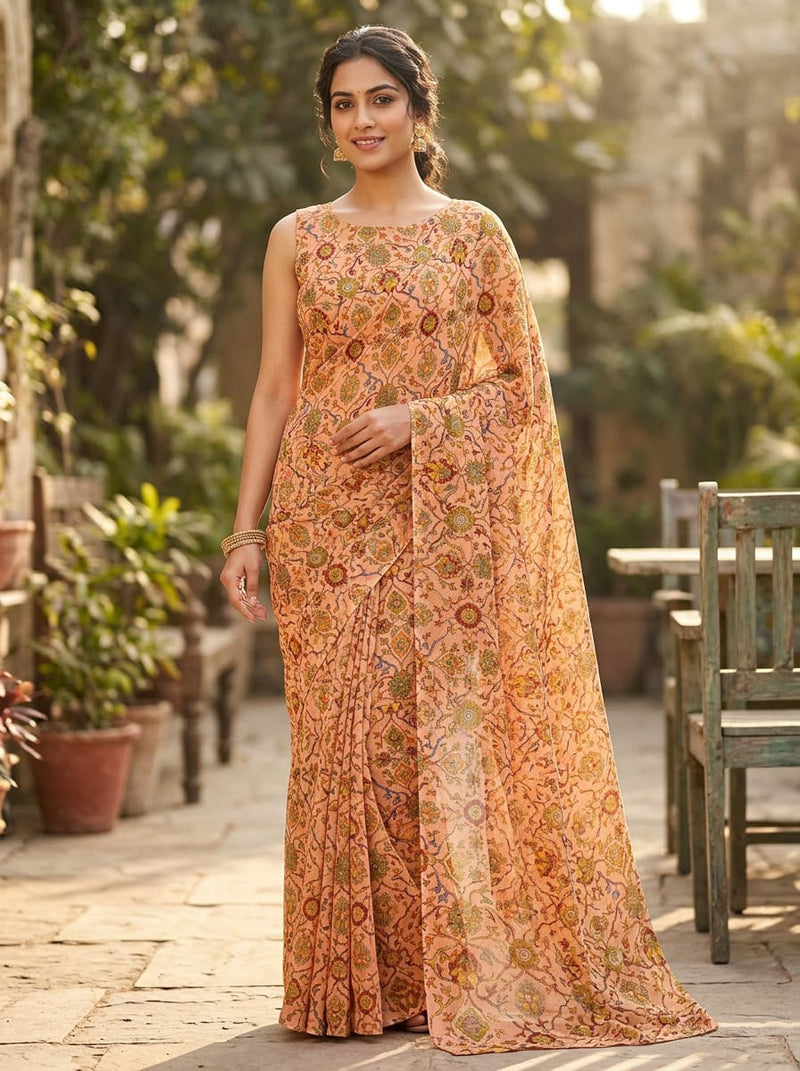 Peach Ethnic Floral Jaal Pattern Pure Georgette Digital Printed Fabric