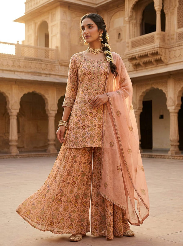 Peach Ethnic Floral Jaal Pattern Pure Georgette Digital Printed Fabric - Sharara Set Lookbook - PG-0-MA013924-110 - alternate view