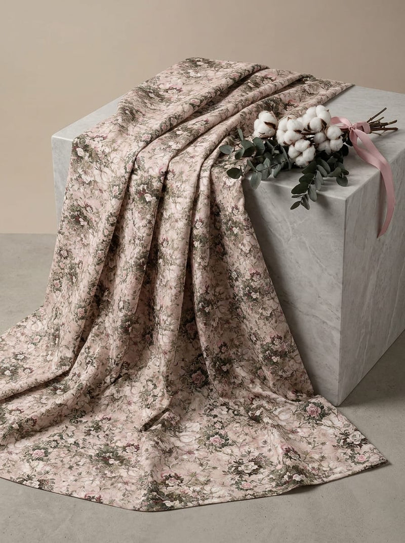 Peach Vintage Rose Garden Floral Pure Cotton Digital Printed Fabric